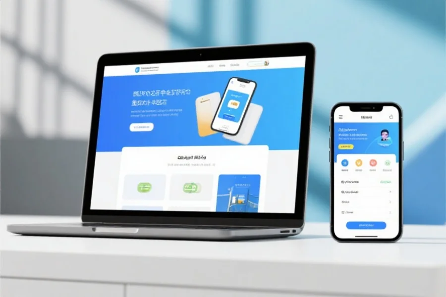 一台笔记本电脑和一部智能手机同时展示同一娱乐平台的不同界面，屏幕明亮、环境现代